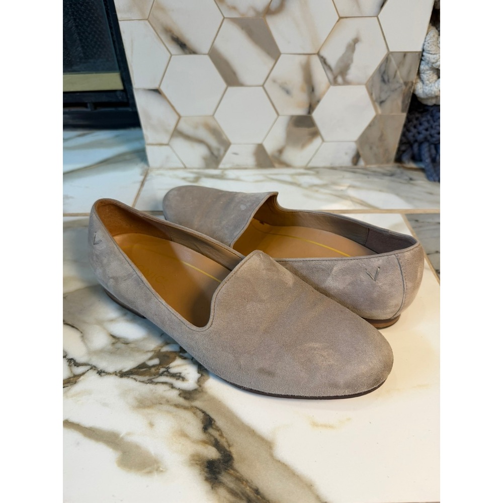 Vionic Willa Flat Loafers Womens 8.5 Grey Suede Orthotic Slip On Smoking Slipper